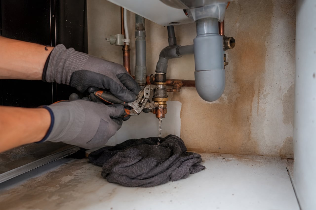 mains serrant pince sur raccord fuite